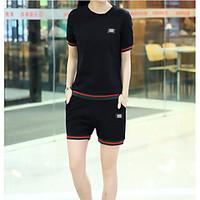 womens sports active summer t shirt pant suits solid round neck short  ...