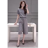 Women\'s Casual/Daily Simple Summer Shirt Skirt Suits, Polka Dot Round Neck Short Sleeve Micro-elastic