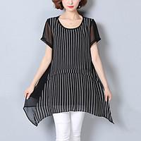 Women\'s Plus Size Casual/Daily Simple Summer T-shirt, Striped Round Neck Short Sleeve Polyester Thin