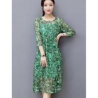Women\'s Going out Swing Dress, Floral Round Neck Midi ¾ Sleeve Others Summer Mid Rise Micro-elastic Thin