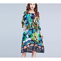 Women\'s Casual/Daily Loose Dress, Floral Round Neck Midi ¾ Sleeve Polyester Summer Mid Rise Micro-elastic Medium