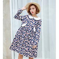 Women\'s Going out Casual/Daily Sheath Dress, Floral Round Neck Above Knee Long Sleeve Cotton Spring Summer Mid Rise Micro-elastic Thin
