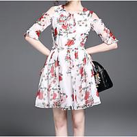 Women\'s Casual/Daily Simple A Line Dress, Print Round Neck Above Knee ½ Length Sleeve Polyester Summer Mid Rise Inelastic Thin