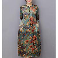 womens casualdaily a line dress floral round neck midi length sleeve p ...