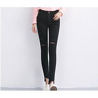 womens high rise micro elastic jeans pants simple straight ripped soli ...