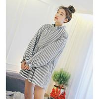 Women\'s Casual/Daily Loose Dress, Striped Stand Above Knee Long Sleeve Linen Summer Mid Rise Inelastic Thin