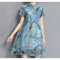 Women\'s Casual/Daily Loose Dress, Floral Round Neck Knee-length Short Sleeve Polyester Summer Mid Rise Micro-elastic Medium