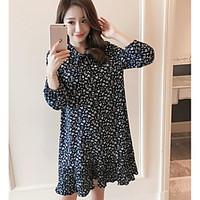 Women\'s Going out Loose Dress, Floral Shirt Collar Above Knee Long Sleeve Cotton Spring Summer Mid Rise Micro-elastic Thin