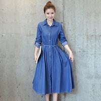 Women\'s Casual/Daily Simple Denim Dress, Solid Shirt Collar Midi Long Sleeve Polyester Summer Mid Rise Inelastic Thin