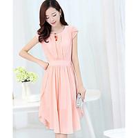 Women\'s Casual/Daily Simple Loose Dress, Solid Round Neck Knee-length Short Sleeve Polyester Summer High Rise Inelastic Thin