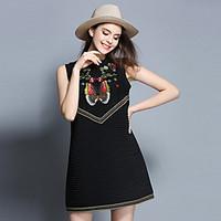 Women\'s Going out Vintage A Line Dress, Embroidered Crew Neck Above Knee Sleeveless Polyester Summer Mid Rise Inelastic Thin