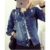 Women\'s Going out Casual/Daily Simple Street chic Spring Fall Denim Jacket, Solid Shirt Collar Long Sleeve Short Cotton