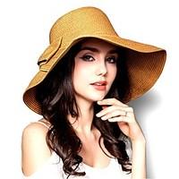 Women Vintage Casual Summer Dome Double Bow Wide Eaves Straw Hat Foldable Beach Cap