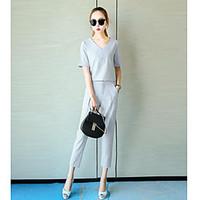womens work simple summer t shirt pant suits solid v neck short sleeve