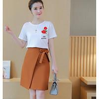 Women\'s Going out Casual/Daily Holiday Vintage Cute Street chic Summer T-shirt Skirt Suits, Solid Print Round Neck Short Sleeve