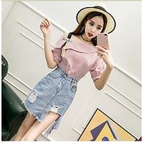 womens casualdaily simple summer shirt skirt suits striped slash neck  ...