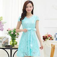 Women\'s Casual/Daily Sophisticated Lace Dress, Solid V Neck Above Knee Short Sleeve Others All Seasons Mid Rise Micro-elastic Medium