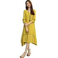 Women\'s Casual/Daily Simple Swing Dress, Solid V Neck Maxi Long Sleeve Cotton Linen Spring Summer Mid Rise Inelastic Medium