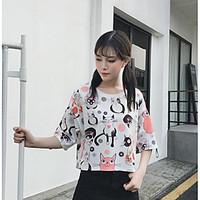 Women\'s Going out Casual/Daily Simple Cute Spring Summer T-shirt, Animal Print Round Neck ½ Length Sleeve Cotton Thin