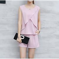 womens casualdaily street chic summer blouse pant suits solid round ne ...