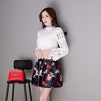 Women\'s Going out Casual/Daily Holiday Sexy Simple Blouse Skirt Suits, Solid Round Neck Long Sleeve Lace Micro-elastic