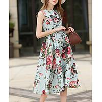 Women\'s Casual/Daily Cute A Line Dress, Print Round Neck Above Knee Sleeveless Cotton Spring Mid Rise Micro-elastic Medium