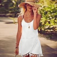 womens beach loose dress solid strap above knee sleeveless cotton summ ...