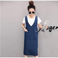 Women\'s Going out Sheath Dress, Solid Round Neck Midi Short Sleeve Cotton Spring Summer High Rise Micro-elastic Medium
