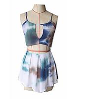 Women\'s Going out Casual/Daily Sexy Cute Blouse Skirt Suits, Print Halter Sleeveless Micro-elastic