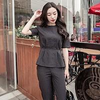 Women\'s Going out Casual/Daily Simple Summer T-shirt Pant Suits, Striped Round Neck Short Sleeve Linen