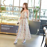 Women\'s Going out Casual/Daily Beach Shift Dress, Floral Strap Maxi Long Sleeve Polyester Summer Mid Rise Micro-elastic Thin