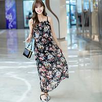 Women\'s Going out Casual/Daily Beach Shift Dress, Floral Strap Maxi Sleeveless Polyester Summer Mid Rise Micro-elastic Thin