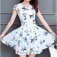 Women\'s Going out Simple Sheath Dress, Floral Round Neck Above Knee Short Sleeve Cotton Summer Mid Rise Micro-elastic Medium