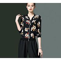 Women\'s Casual/Daily Simple Summer Jacket, Floral Round Neck 3/4-Length Sleeve Regular Cotton