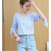 Women\'s Casual/Daily Street chic Summer Shirt Pant Suits, Striped V Neck Short Sleeve Bow Inelastic