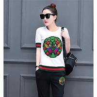 Women\'s Sports Active Spring Summer T-shirt Pant Suits, Print Round Neck Short Sleeve Micro-elastic