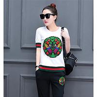 womens sports active spring summer t shirt pant suits print round neck ...