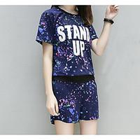 Women\'s Casual/Daily Street chic Summer T-shirt Pant Suits, Print Round Neck Short Sleeve Micro-elastic