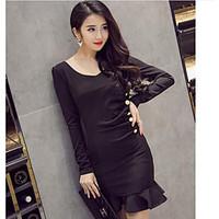 womens going out bodycon dress solid round neck mini long sleeve silk  ...