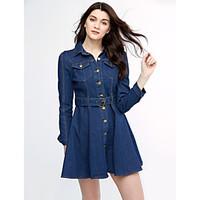 womens casual micro elastic long sleeve above knee dress denim