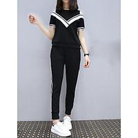 Women\'s Going out Casual/Daily Sports Simple Active Spring Summer T-shirt Pant Suits, Solid Striped V Neck Short Sleeve Micro-elastic