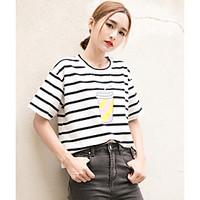 Women\'s Casual/Daily Simple Cute Spring Summer T-shirt, Striped Print Round Neck Short Sleeve Cotton Thin