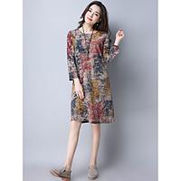 Women\'s Going out Casual/Daily Chinoiserie Loose Dress, Print Round Neck Knee-length Long Sleeve Others Spring Fall Mid Rise Micro-elastic