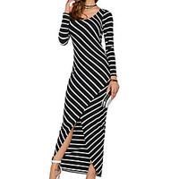 Women\'s Casual/Daily Simple Sheath Dress, Striped Round Neck Maxi Long Sleeve Polyester Summer Mid Rise Inelastic Medium