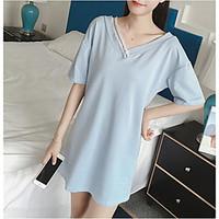 Women\'s Casual/Daily Simple Summer T-shirt Dress Suits, Solid V Neck ½ Length Sleeve Micro-elastic