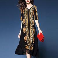 Women\'s Going out Sophisticated Loose Dress, Print V Neck Midi ½ Length Sleeve Silk Polyester Summer Mid Rise Micro-elastic Medium