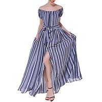 Women\'s Beach Holiday Simple Swing Dress, Striped Boat Neck Maxi Short Sleeve Acrylic Summer Mid Rise Inelastic Medium