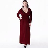 Women\'s Plus Size Vintage Sheath Dress, Solid Deep V Maxi Long Sleeve Polyester Summer Fall High Rise Micro-elastic Medium