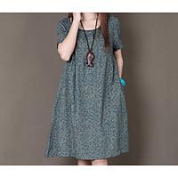Women\'s Going out Casual/Daily Holiday Loose Dress, Polka Dot Round Neck Knee-length Short Sleeve Cotton Linen Spring Summer Mid Rise