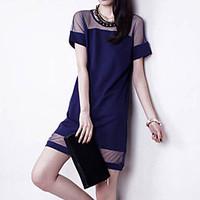 Women\'s Club Shift Dress, Patchwork Round Neck Above Knee Short Sleeve Blue / Black Polyester Summer